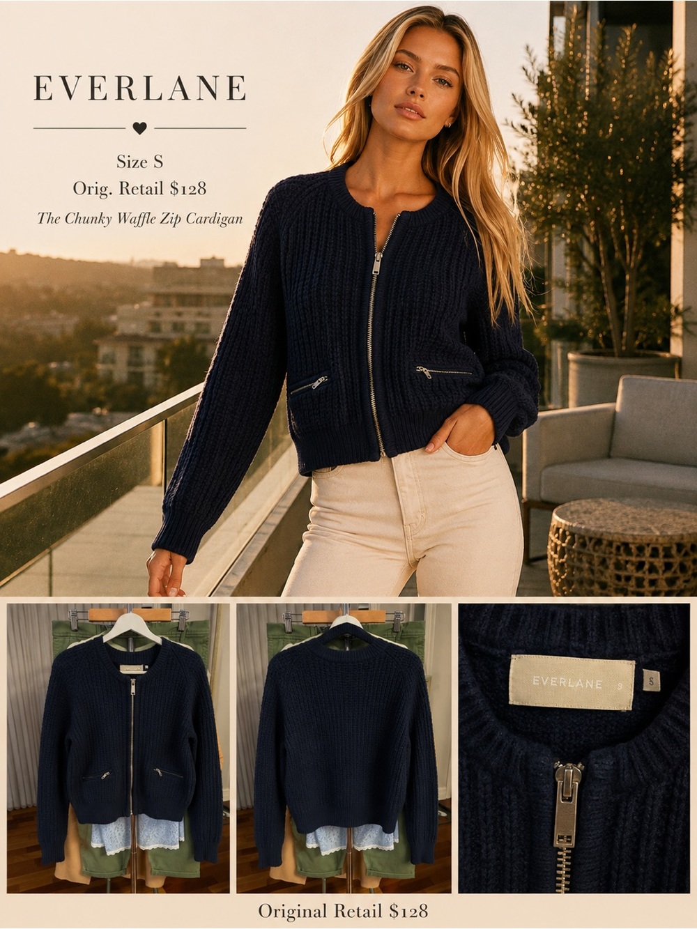 Everlane Navy Chunky Waffle Zip Cardigan